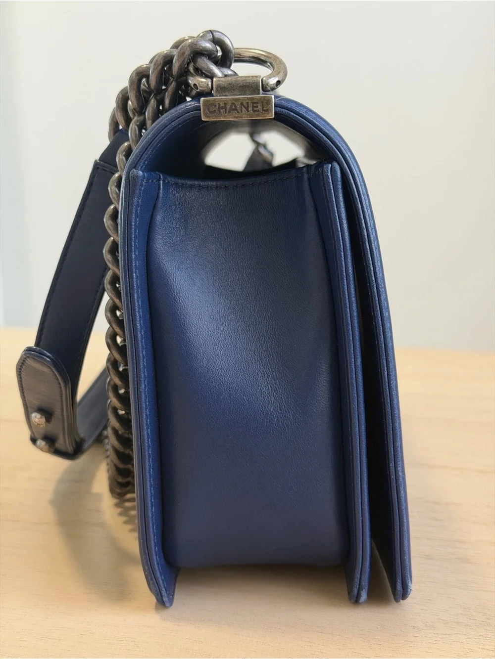 CHANEL Navy Boy Flap Bag Quilted Lambskin Medium with Aged Hardware